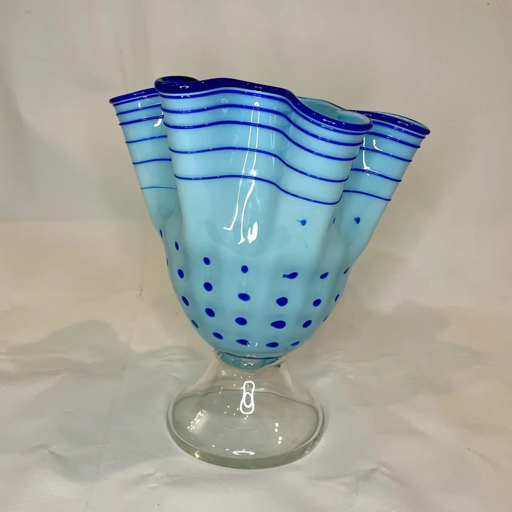 Blue Polka Dot & Stripped Blown Glass Fluted Ruffle Vase Handmade Unique - Picture 2 of 15